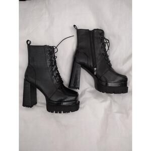 Platform Boots Womens Size 11 Black Faux Croc Block Heel Lace Up Ankle Booties